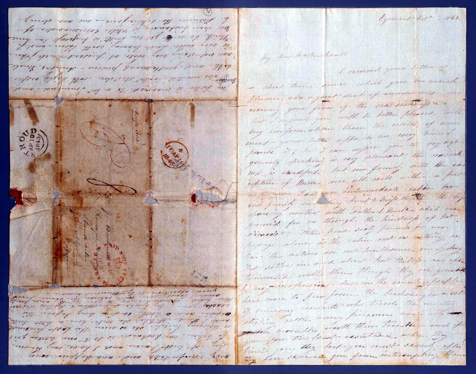 The opening lines of the 1842 letter, badly faded.