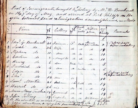 The Lord Keane immigration ledger of 1843.